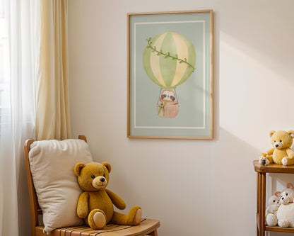 Sloth in Hot Air Balloon (Sage) - Digital Poster (A3)