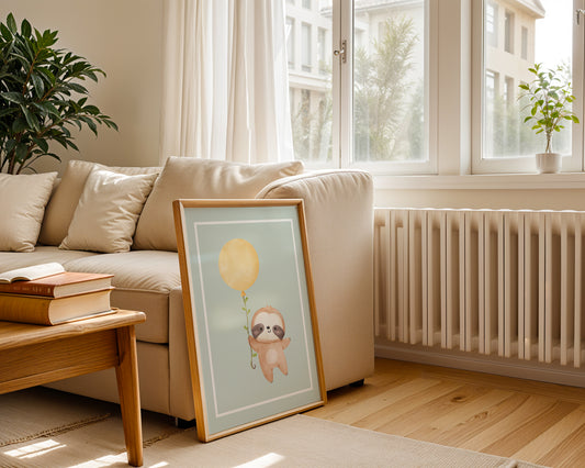Sloth with Yellow Balloon (Sage) - Digital Poster (A3)