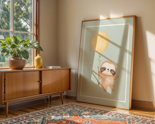 Sloth with Yellow Balloon (Sage) - Digital Poster (A3)